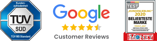 Trust Icons von TÜV Süd, Google Reviews und Focus Money
